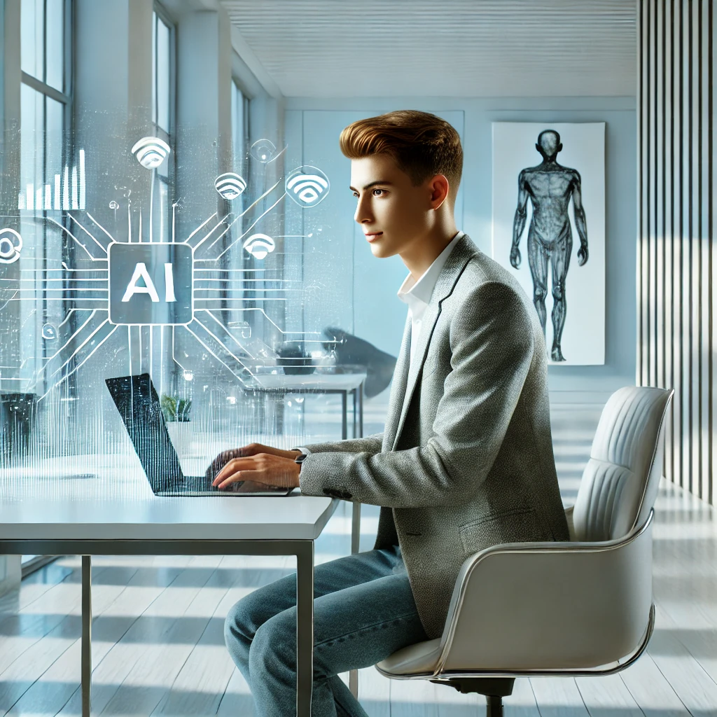Ein junger, geschlechtsneutraler Fachmann mit gemischter ethnischer Herkunft sitzt an einem modernen, schlanken Schreibtisch in einem futuristischen Büro und arbeitet an einem Laptop. Auf dem Bildschirm sind Grafiken und Symbole zu sehen, die den Einsatz von Künstlicher Intelligenz in der Karriereplanung darstellen. Der Raum ist in sanften Blau- und Weißtönen gehalten und strahlt eine ruhige, innovative Atmosphäre aus. An den Wänden hängen abstrakte Kunstwerke und durch ein Fenster ist eine Stadtlandschaft mit modernen Wolkenkratzern sichtbar.
