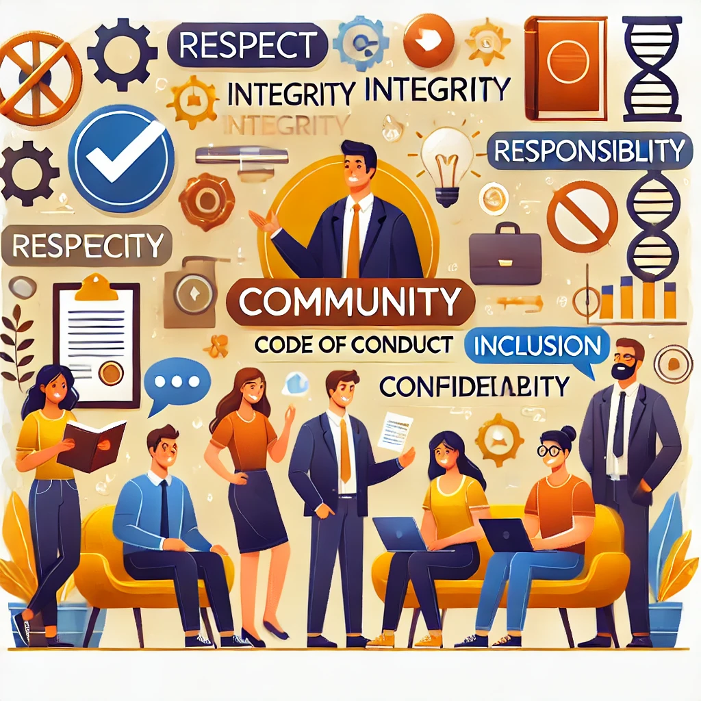 community-Regeln Illustration von Menschen in einer unterstützenden Community, die positive Interaktionen haben. Symbole und Icons repräsentieren Respekt, Integrität, Verantwortung, Inklusion und Vertraulichkeit. Die Illustration vermittelt eine warme und einladende Atmosphäre, die den Community-Regeln und dem Verhaltenskodex des PowerStrategy Success Clubs entspricht.