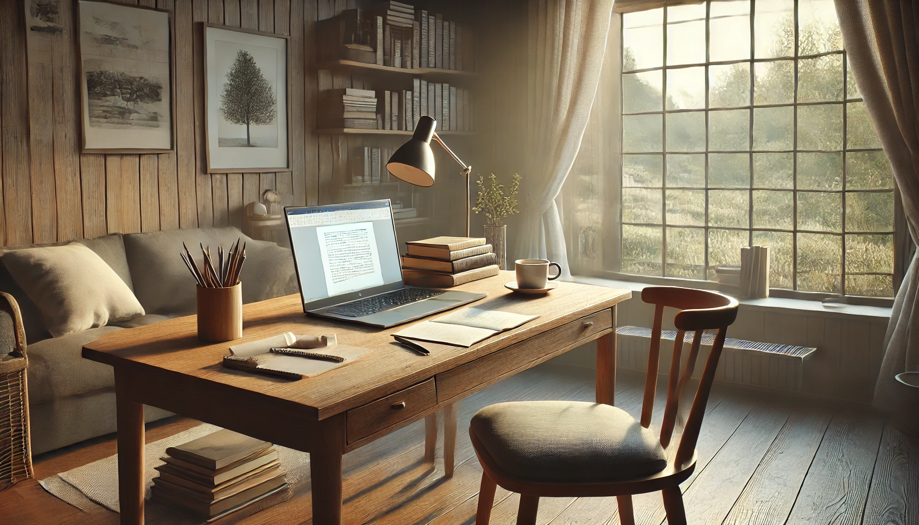 Ruhiger Schreibplatz mit einem Holzschreibtisch, offenem Laptop, Notizblock, Kaffee und Büchern in einem gut beleuchteten Raum mit Gartenblick