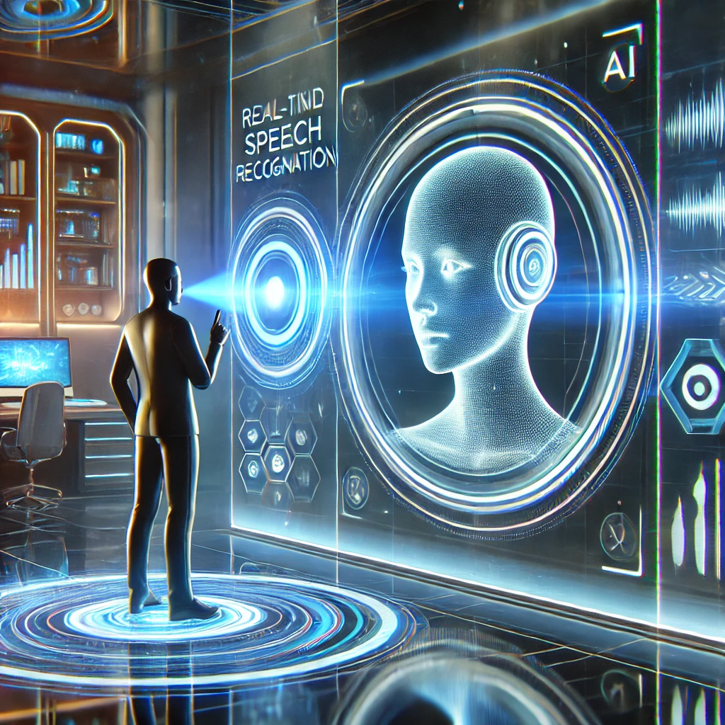 Eine futuristische Szene zeigt eine Person, die mit einem virtuellen Assistenten über eine holografische Benutzeroberfläche spricht. Die Echtzeit-Spracherkennung und emotionale Analyse werden in der modernen Umgebung mit leuchtenden Bildschirmen und fortschrittlichen KI-Elementen dargestellt.