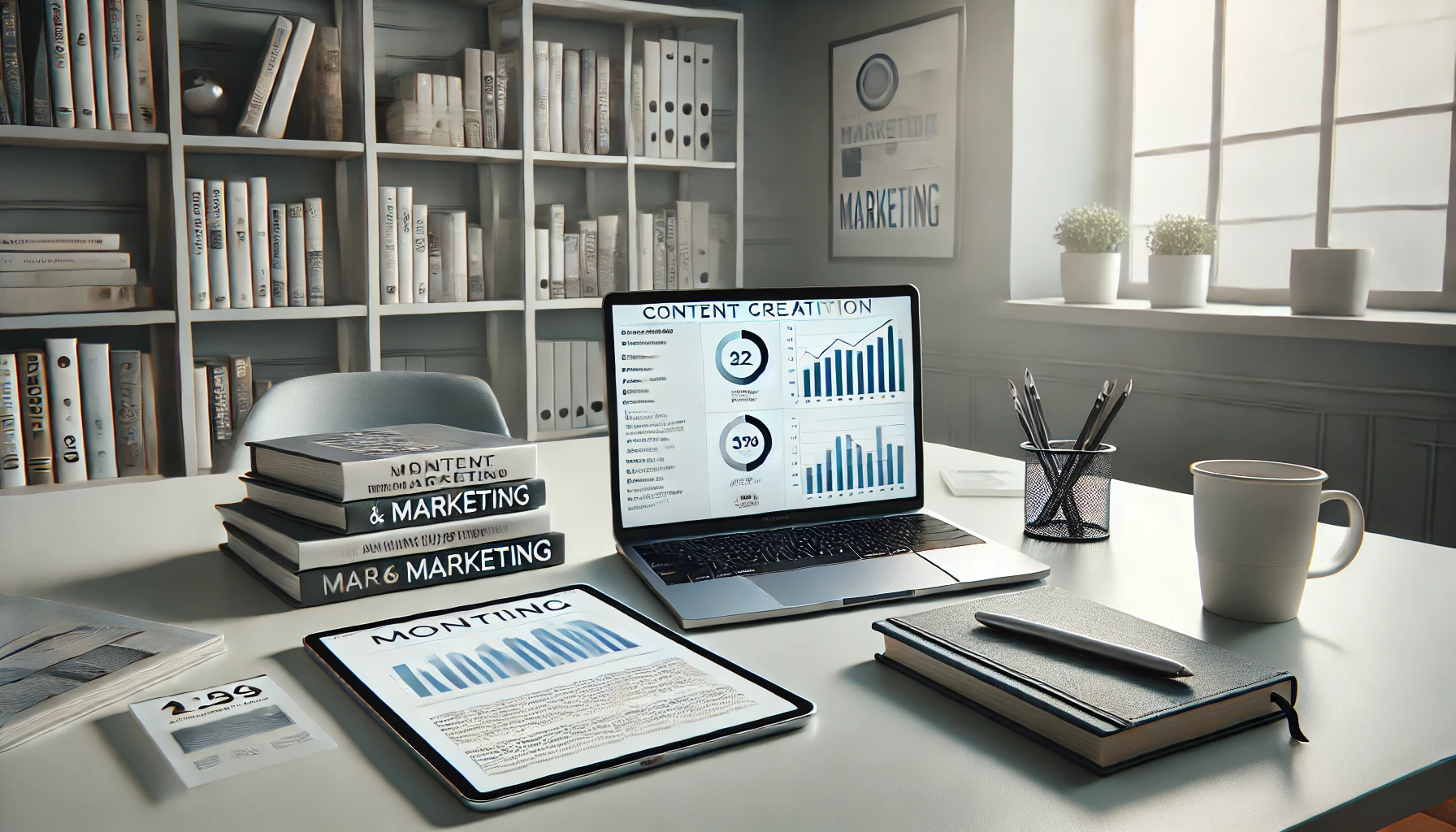Moderne, saubere Arbeitsumgebung mit einem Laptop, der eine Software zur Content-Erstellung anzeigt, umgeben von Marketingbüchern und einem digitalen Tablet mit Diagrammen.