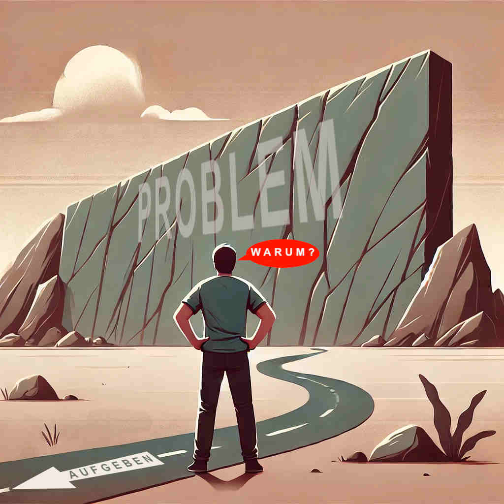 Eine Person steht nachdenklich vor einem großen, einschüchternden Hindernis, das wie eine massive Wand oder ein Berg aussieht. Der Hintergrund zeigt einen Pfad, der zu dem Hindernis führt, und die Person wirkt entschlossen, aber nachdenklich, während sie die innere Motivation und den Grund für das Überwinden des Hindernisses reflektiert.