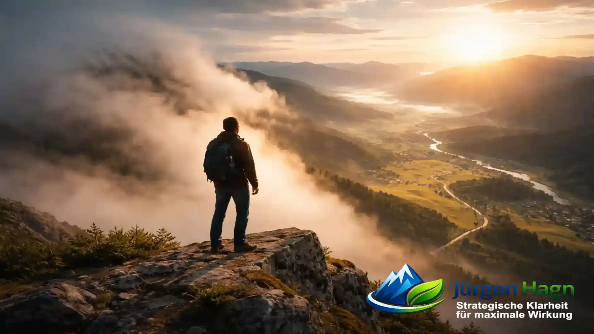 Mann steht auf Berggipfel und blickt aus dem Nebel in eine klare Landschaft bei Sonnenaufgang als Symbol für strategische Klarheit und Erfolg