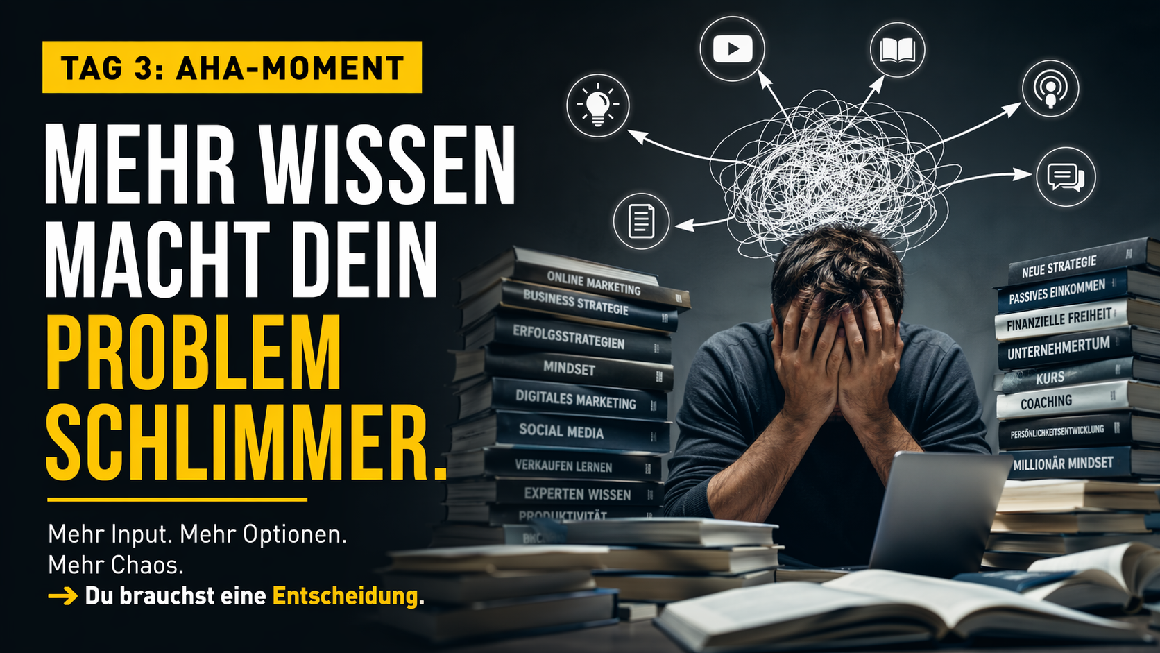 Mann überfordert von zu viel Wissen und Optionen – Klarheit durch Entscheidung finden