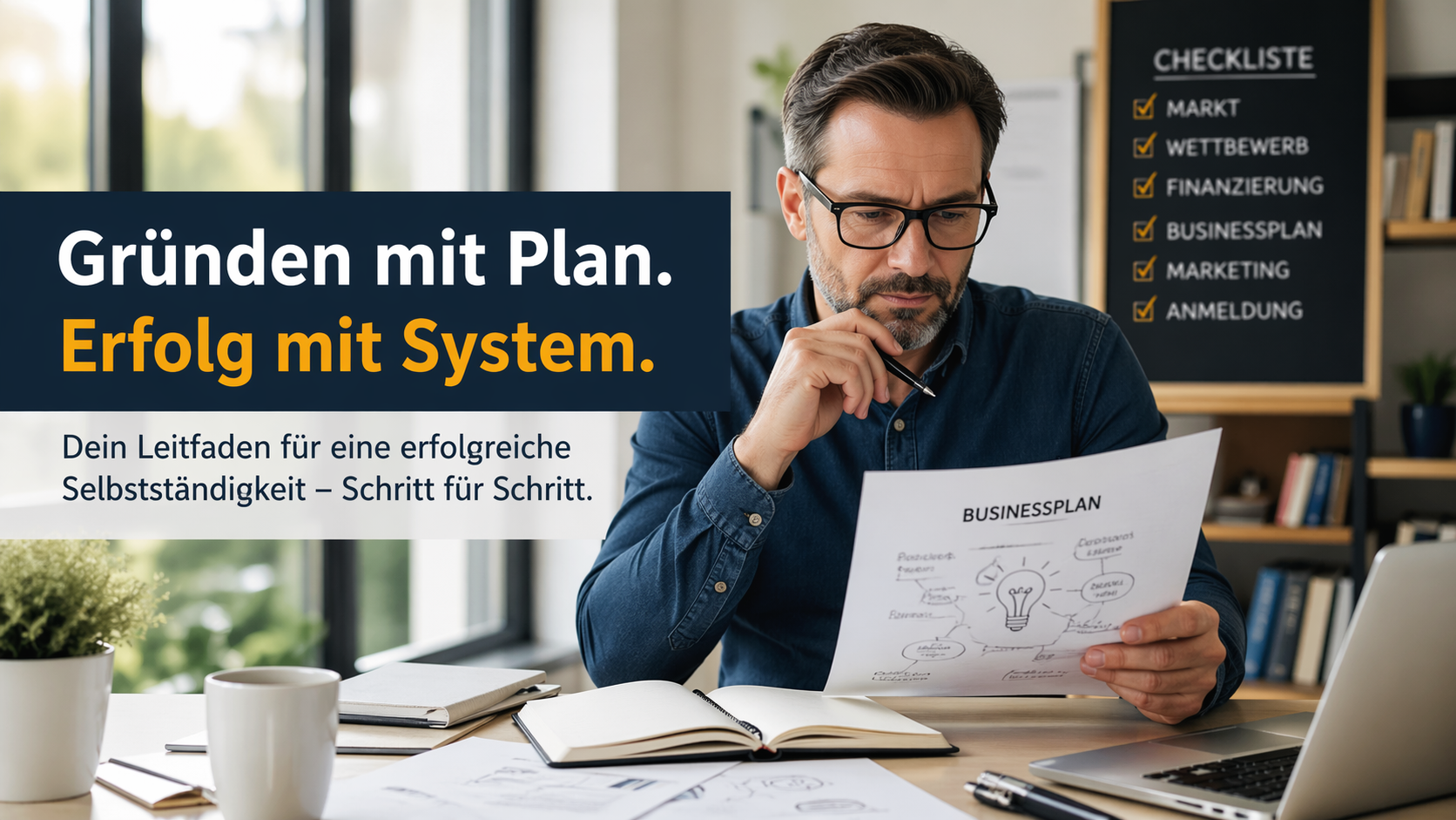 Mann analysiert Businessplan im Homeoffice – Vorbereitung für erfolgreiche Selbstständigkeit mit Marktanalyse und Strategie