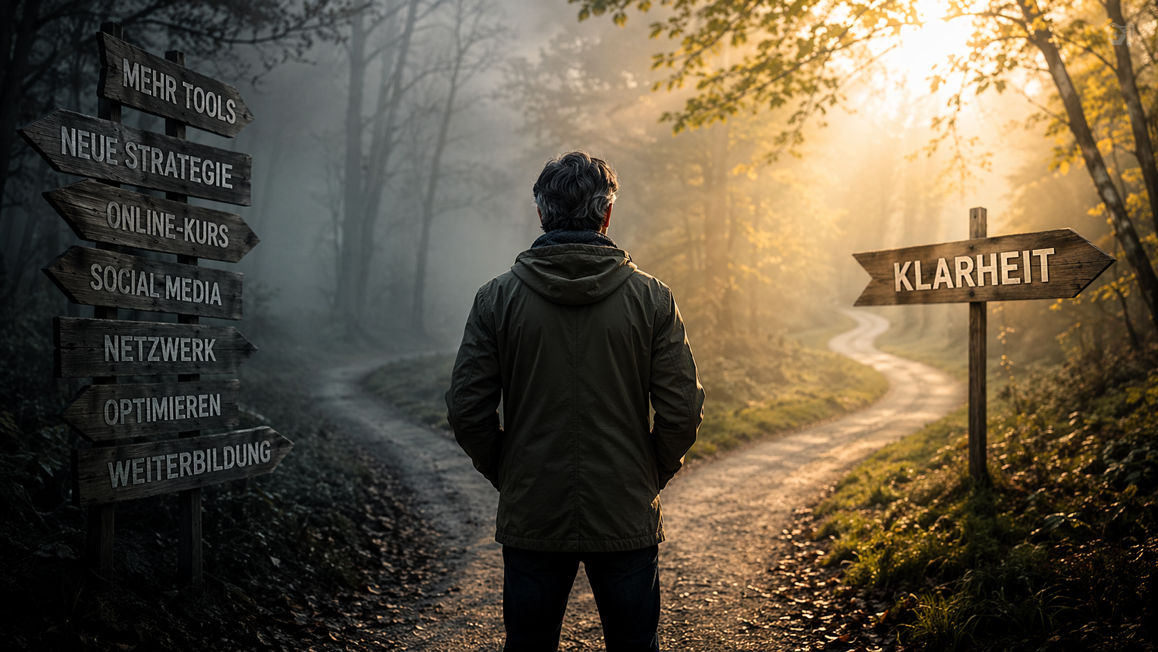 Person steht vor mehreren unklaren Wegen im Nebel und findet einen klar beleuchteten Pfad als Symbol für Klarheit