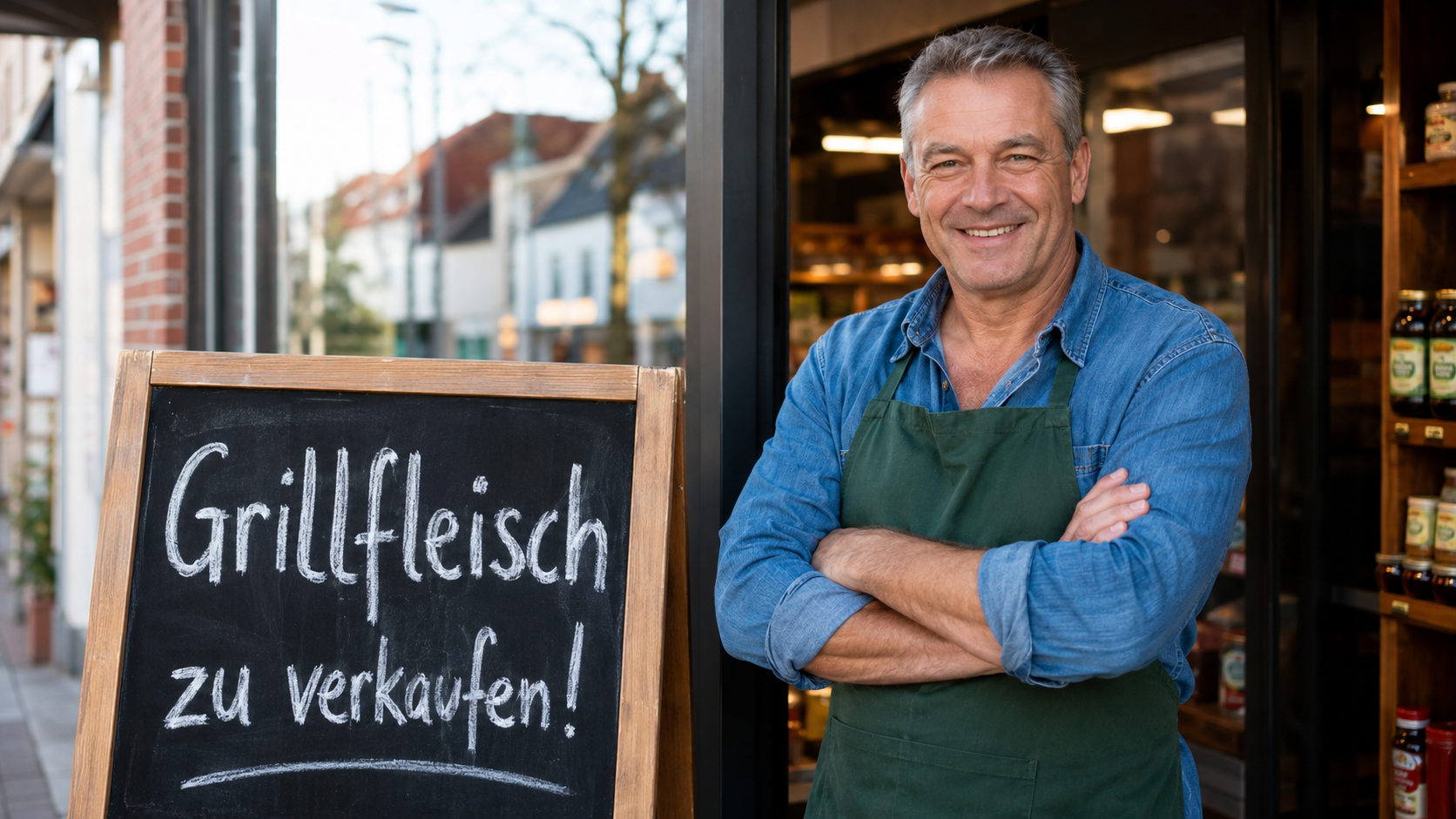 kundenkompass-grillfleisch-marketing-kundenverstaendnis.jpg Geschäftsinhaber vor einem Laden mit einem Schild „Grillfleisch zu verkaufen“ als Beispiel für einfaches, wirkungsvolles Marketing und Kundenverständnis.