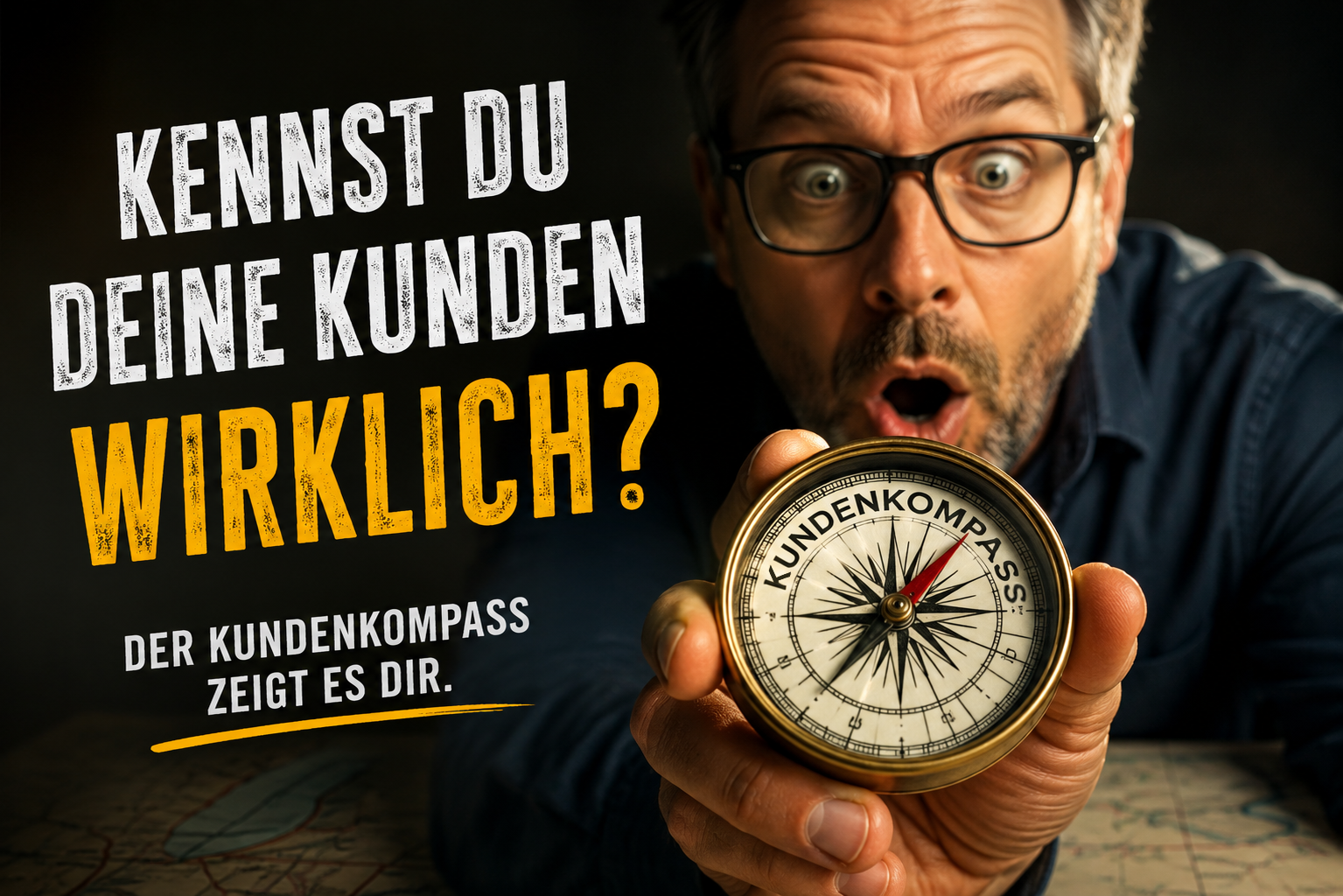 Mann mit Kompass und überraschter Blick vor dunklem Hintergrund mit der Frage „Kennst du deine Kunden wirklich?“ als aufmerksamkeitsstarkes Marketingmotiv.
